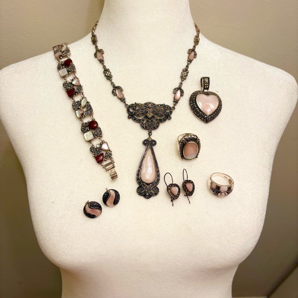 Vintage Sterling Silver Marcasite Pink Mother of Pearl Inlay 7-Piece Jewelry Set